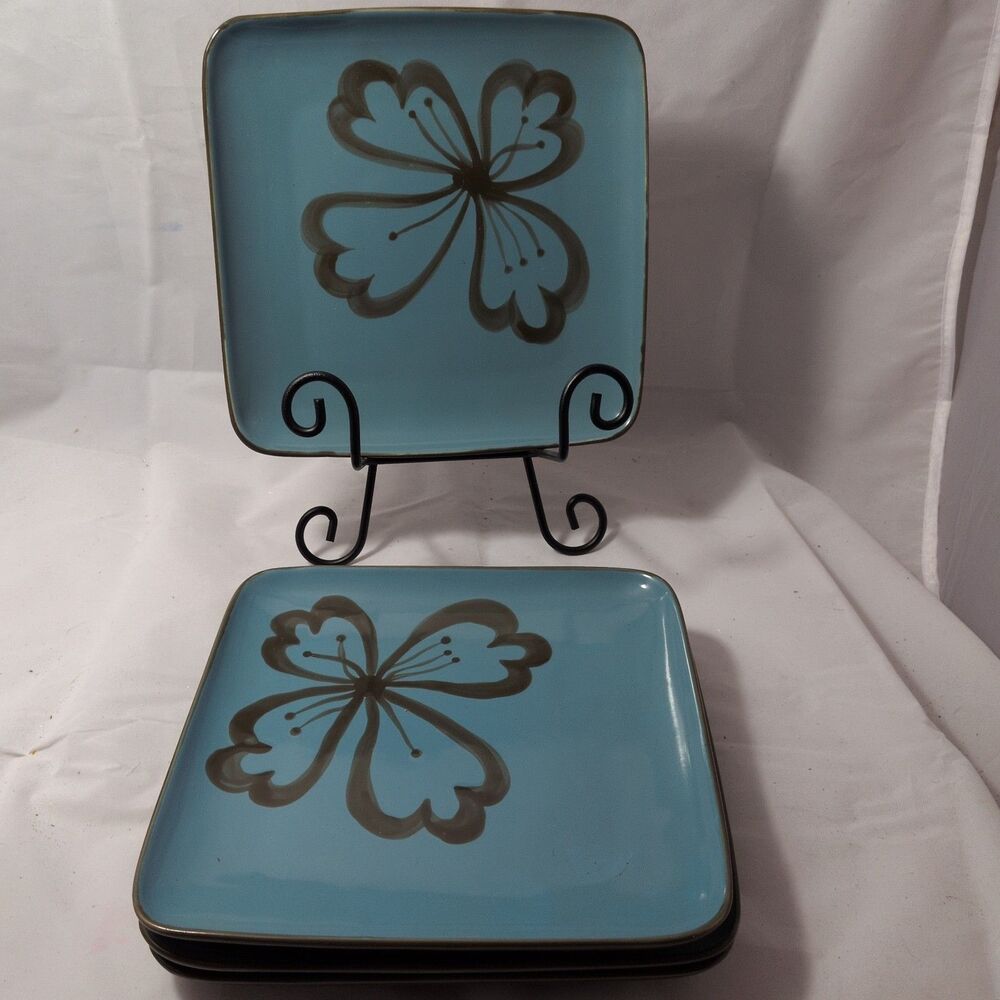 Pier 1 Hibiscus Square Salad Plates Set of 4 Teal Blue Brown 8.5" Discontinued